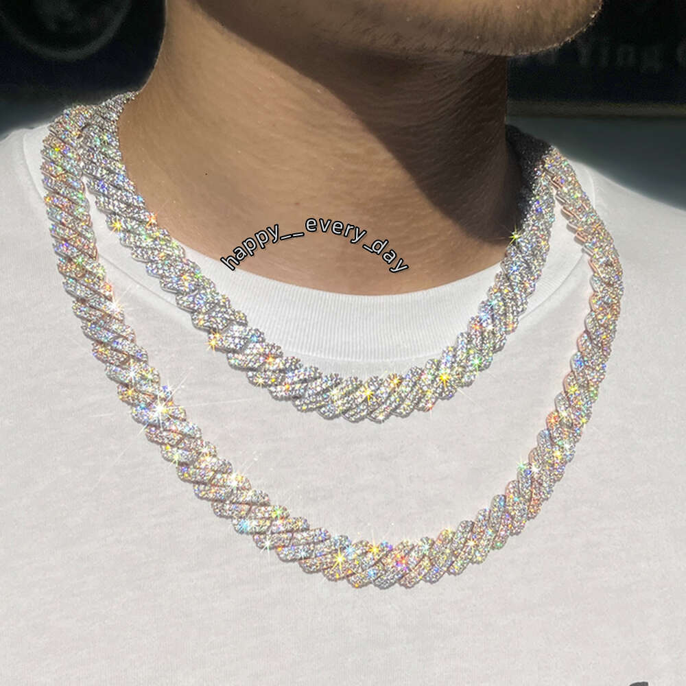 pass diamond tester fashion luxury gra moissanite diamond 10mm-12mm wide 2rows solid sier cuban link chain for rapper hip hop necklace bracelet gift a