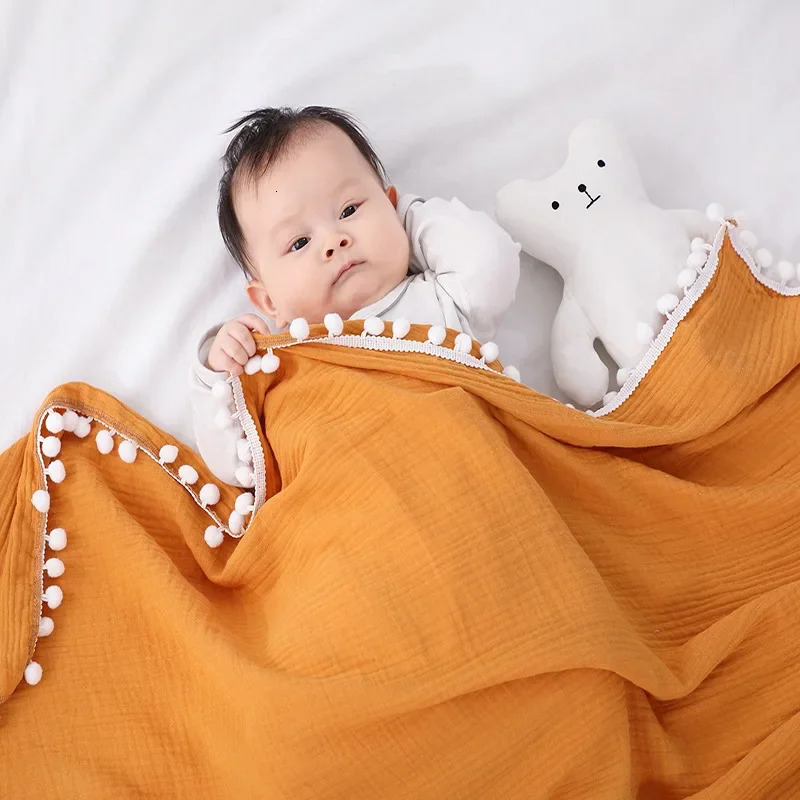 Blanket Baby Hairball Solid Color Blanket Baby Cotton Wrap Babies Swaddle Blanket Spring/summer Baby Wrap Swaddling 250527