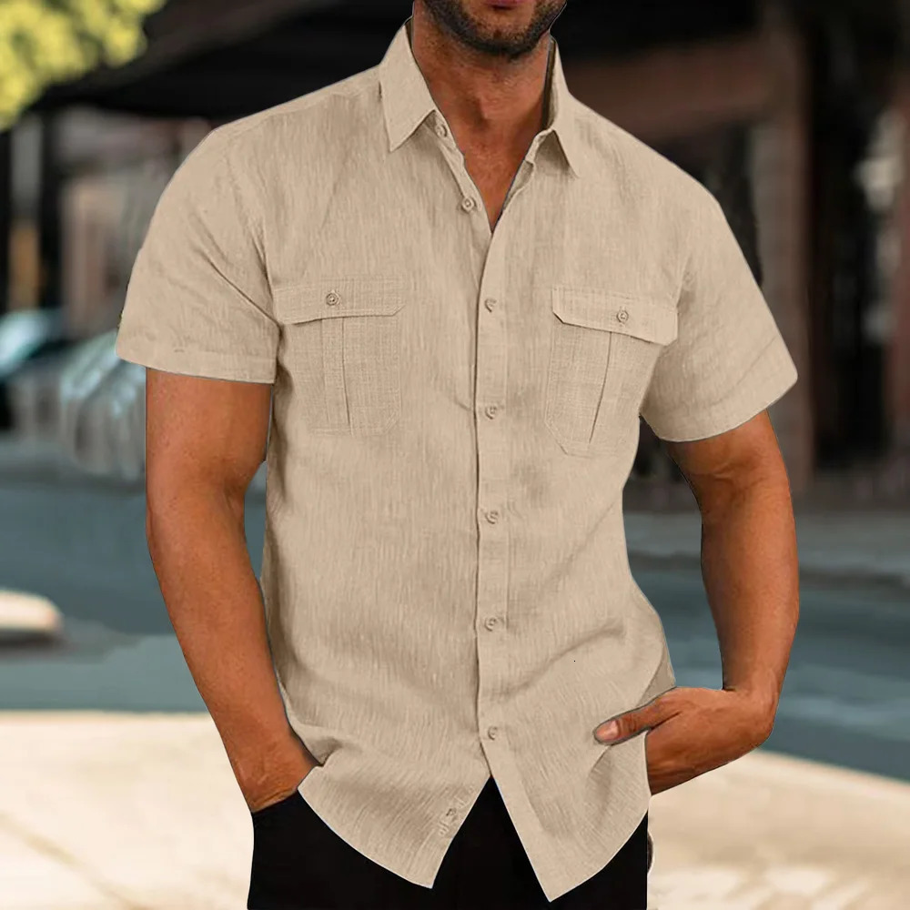 Mens Double Pocket Cotton Linen Shirt Short Sleeve Casual Solid Color Shirts for Men Breathable Holiday Beach Trendy Shirt 250527