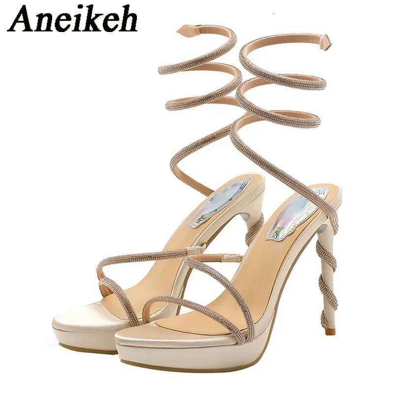 Aneikeh Water Dia Strap Sandals Women's Serpentine Wrapped Sexy Open Toe Thin Heel Waterproof Platform Shoes High Heels