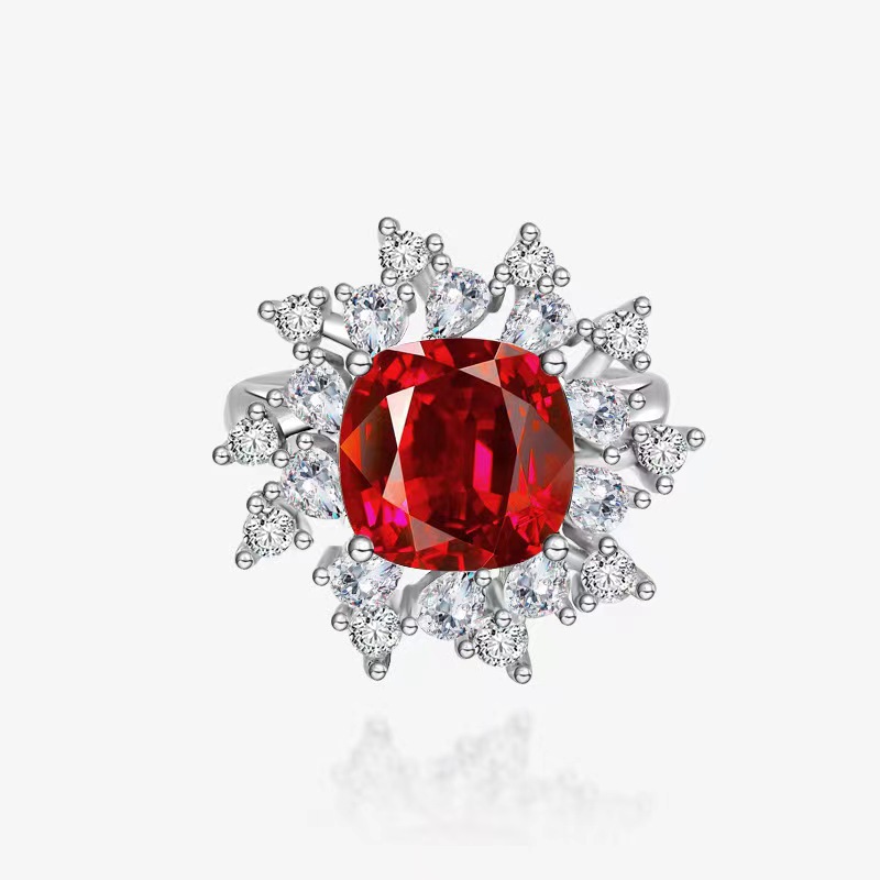 S925 Sterling Silver Ruby Engagement Ring with Full Diamond Setting, Luxury Wedding Ring for Proposal