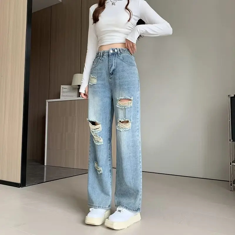 2025 Spring Summer Jean Hole Ripped Loose Full Length Blue Color High Waist Denim Pants For Women Streetwear Trousers 250516Z