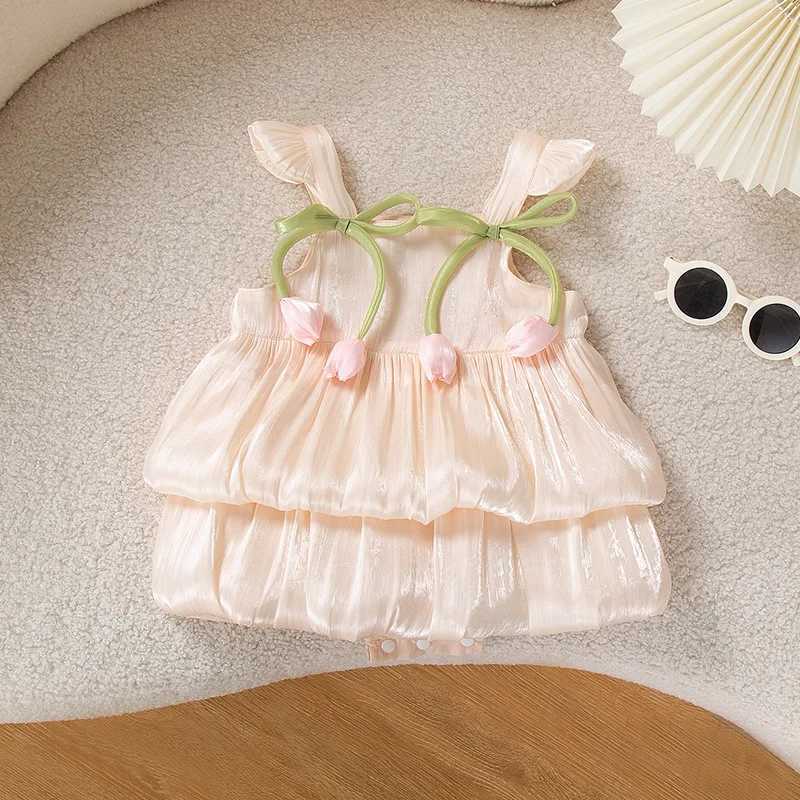 2025 Summer New Baby Girls Clothes Tulip Decorated Cake-Layered Soft Shiny Fabric Romper Onesie Crawler X250528