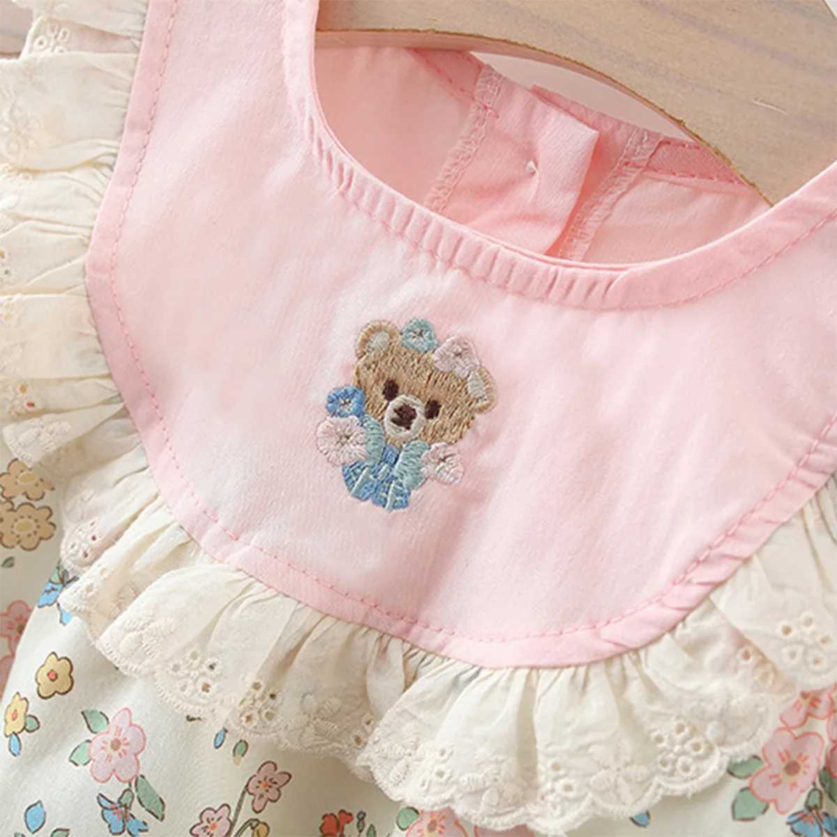 Summer Baby Girls New Dress Is A Teddy Bear Floral Lace Embroidered Cotton Dress Suitable for Babies Aged 0-4 X250528