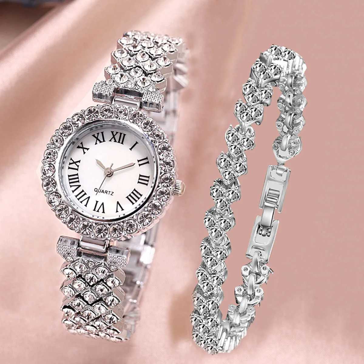 2pcs Luxury Women Rhinestone Rose Gold Watch Fashion Ladies Quartz Diamond Wristwatch Elegant Female Bracelet Watches Set Gift XJ250527