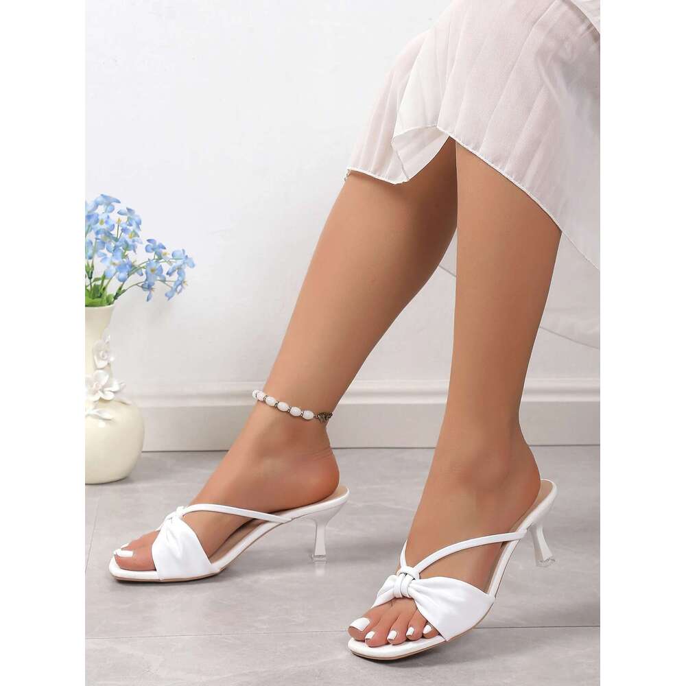 Summer Temperament Bow Knot High Heel Women's Versatile One Line Ribbon Square Head Sandals
