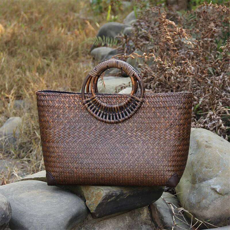 Straw Rattan Wooden Handle Retro Woven Bucket Large Vacation Beach Bag