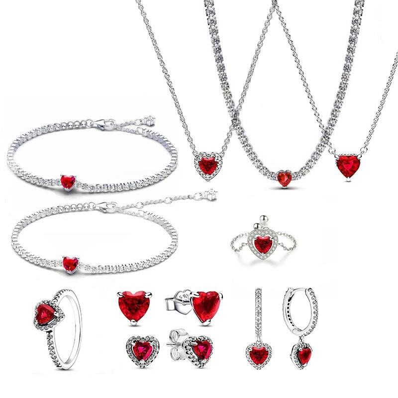 2025 New S925 Silver Ring Earrings Women Heart-shaped Tennis Bracelet Set Red Diamond Zircon Necklace Gift