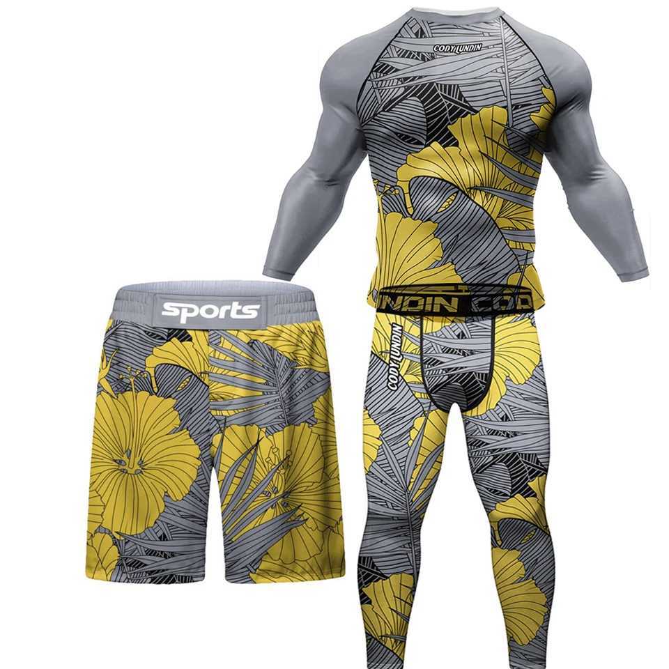 Factory Kickboxing Rashguard Jiu Jitsu MMA T-shirt +Pant 4PCS/Set Men Grappling Bjj Gi Boxing Sportsuits Gym Muay Thai Shorts X250528