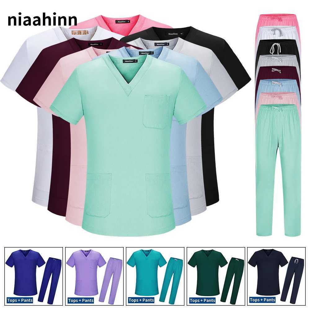New Womens Scrubs Set V-neck Medical Uniform Short Slve Surgical Scrub Uniform Laboratory Work Clothes Dentist Nurse Workwear X250528