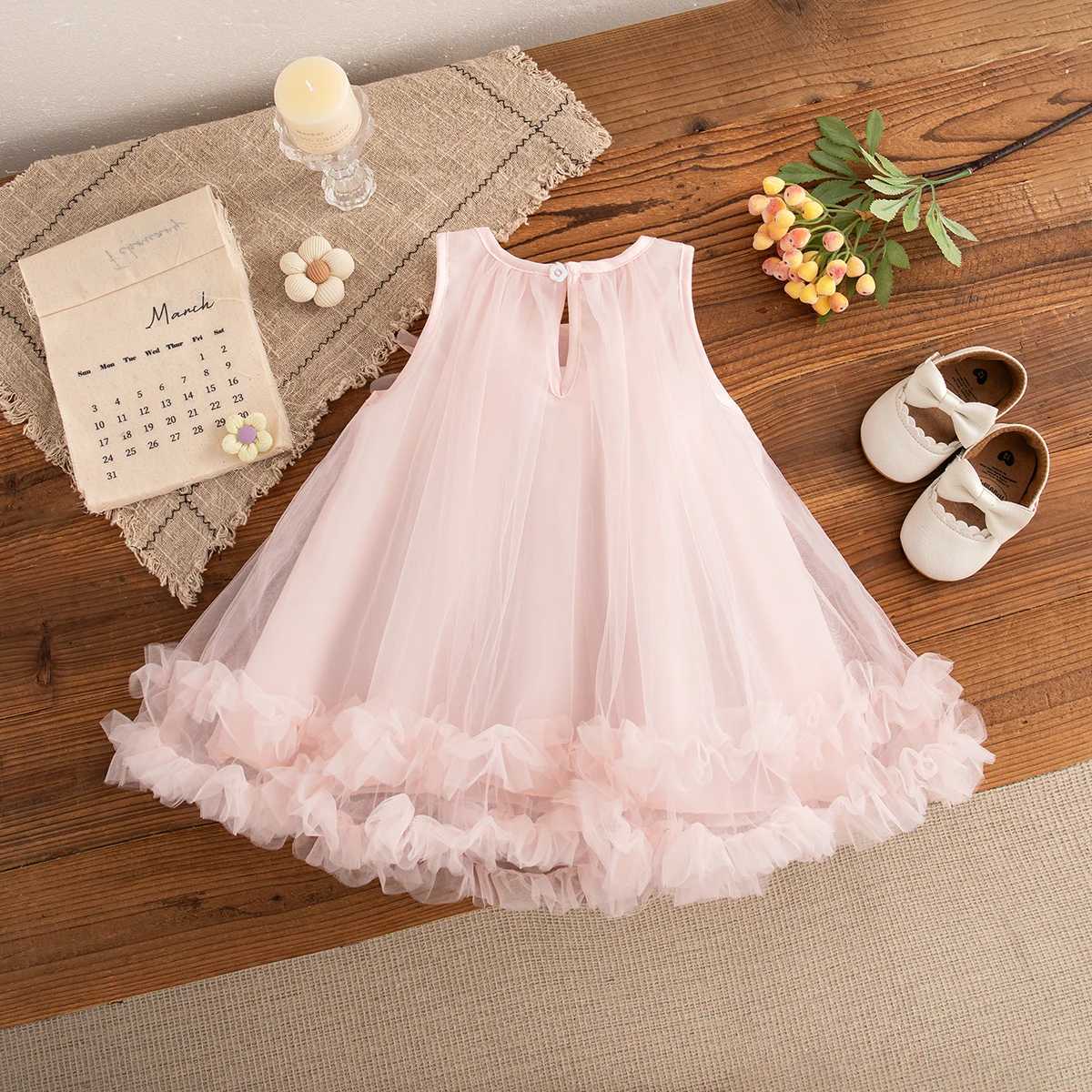 Baby Girl Pink Dress Flower Sweet Sleeveless Feather Gauze Princess Dress Wedding Party Dress for Kids Girl X250528