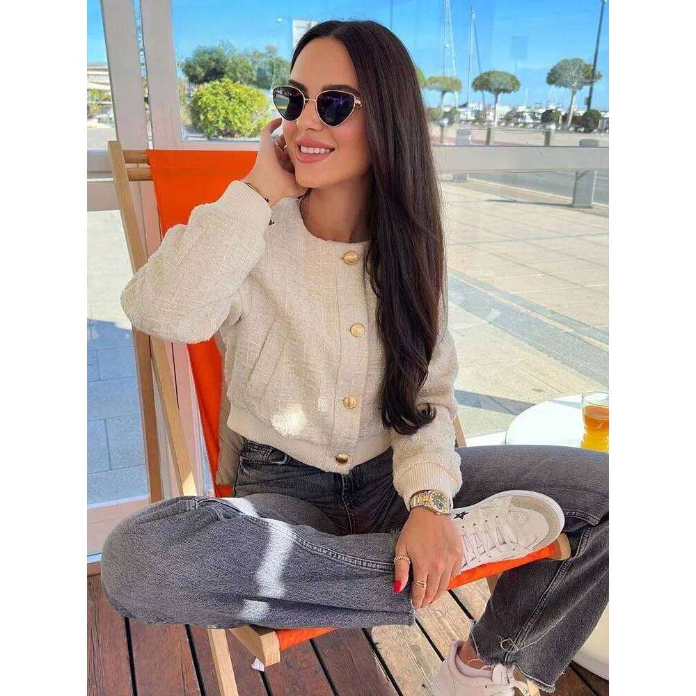 ZBZA Woman Textured Pilot Jacket Long Sleeve Crew Neck Single Breasted Pocket Short Outerwear Fall Winter Female Chic Coat