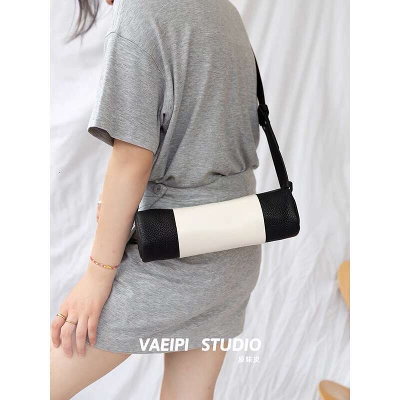 Niche Design Cylinder for Women 2024 New Genuine Leather Simple Shoulder Bag Color Block Fashion Top Layer Cowhide Crossbody