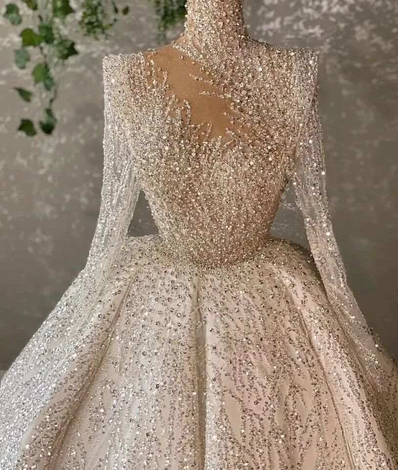 Glitter Crystals Heavy Industry Long-sleeved Embroidered Bead Lace Elegant Long-sleeved Fluffy Princess Dress Trailing Wedding Dress Vestidos De Novia