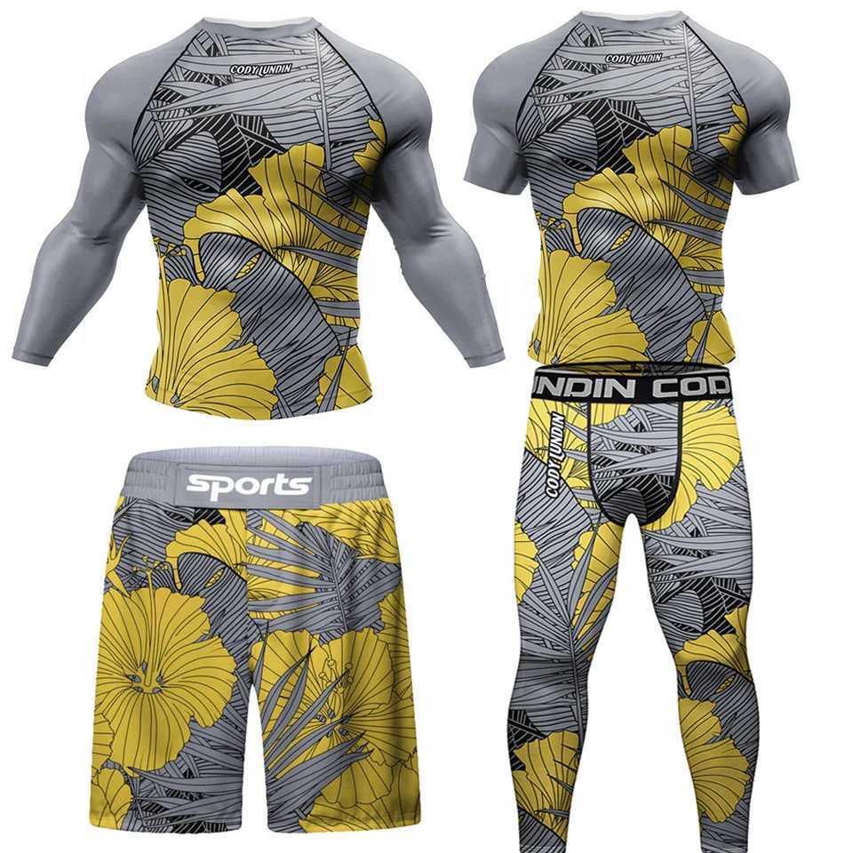 Factory Kickboxing Rashguard Jiu Jitsu MMA T-shirt +Pant 4PCS/Set Men Grappling Bjj Gi Boxing Sportsuits Gym Muay Thai Shorts X250528