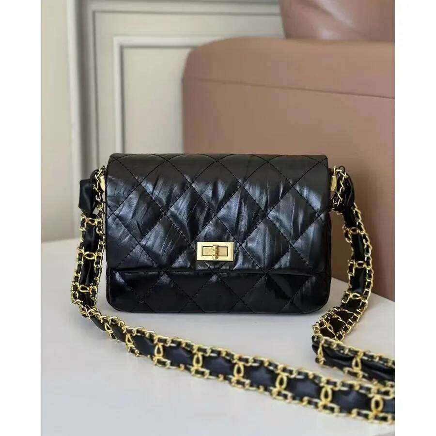 Free Shopping High-End Tweed Style Women's 23K Gold Chain 2024 New Single Shoulder Slant Cross Small Square Bag Motorcycle Equipment Acces