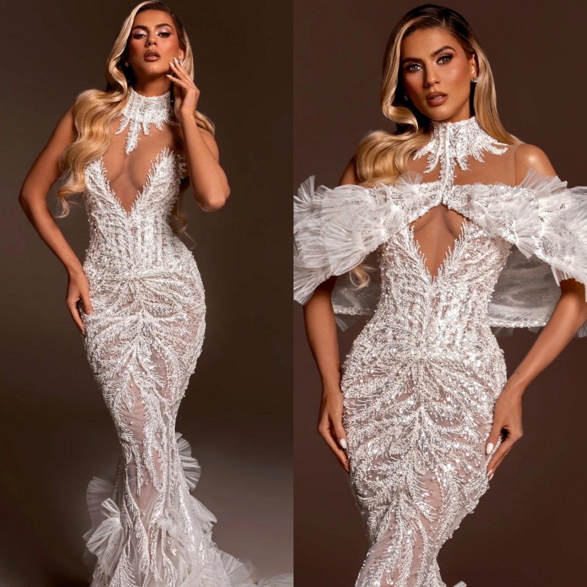 Fashion Beading Wedding Dresses Sequins High Neck Bride Gown See Through Crystal Ruffle Bridal Dress Custom Made Vestidos De Novia Plus Size
