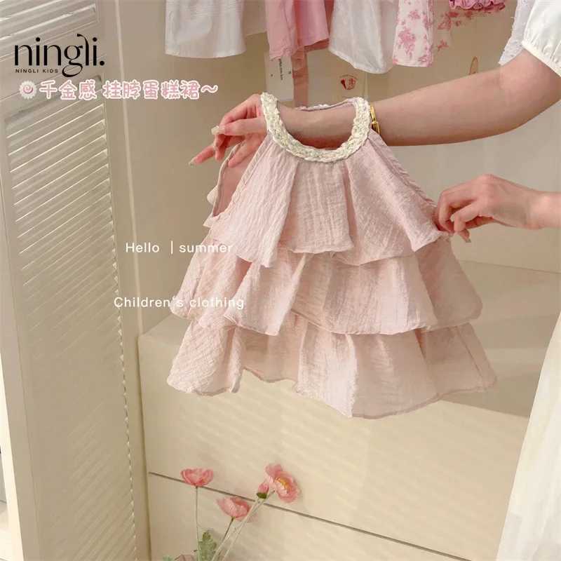 Girls Casual Dresses Summer New Children Clothing Sweet Vest Baby Cake 2024 Round Collar Fashion Solid Sweet Pink X250528