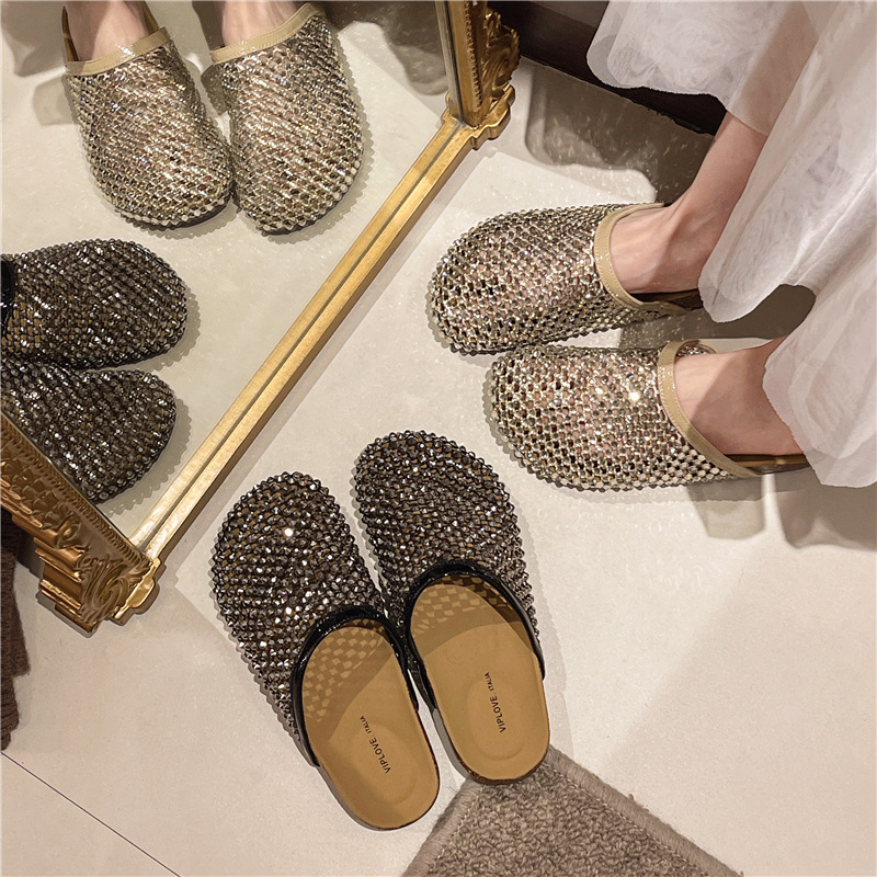 designer shoes summer slides one-piece sandals slip-on slippers netted rhinestone fairy-style platform beading sliders outdoor casual half-slipper fas