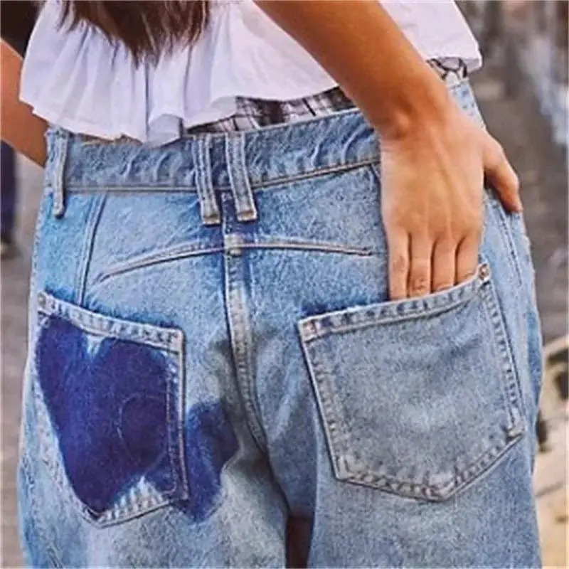 2024 Fashion Love Print Decoration Denim Pant Loose Straight Jeans Female Casual Midi Waist Trousers Trend Streetwear 250516Z