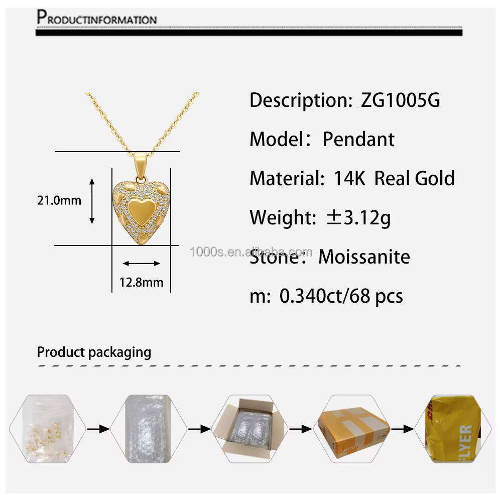 AU585 Solid 14K Yellow Gold Moissanite Heart Pendant Necklace Fine Jewelry for Wholesale