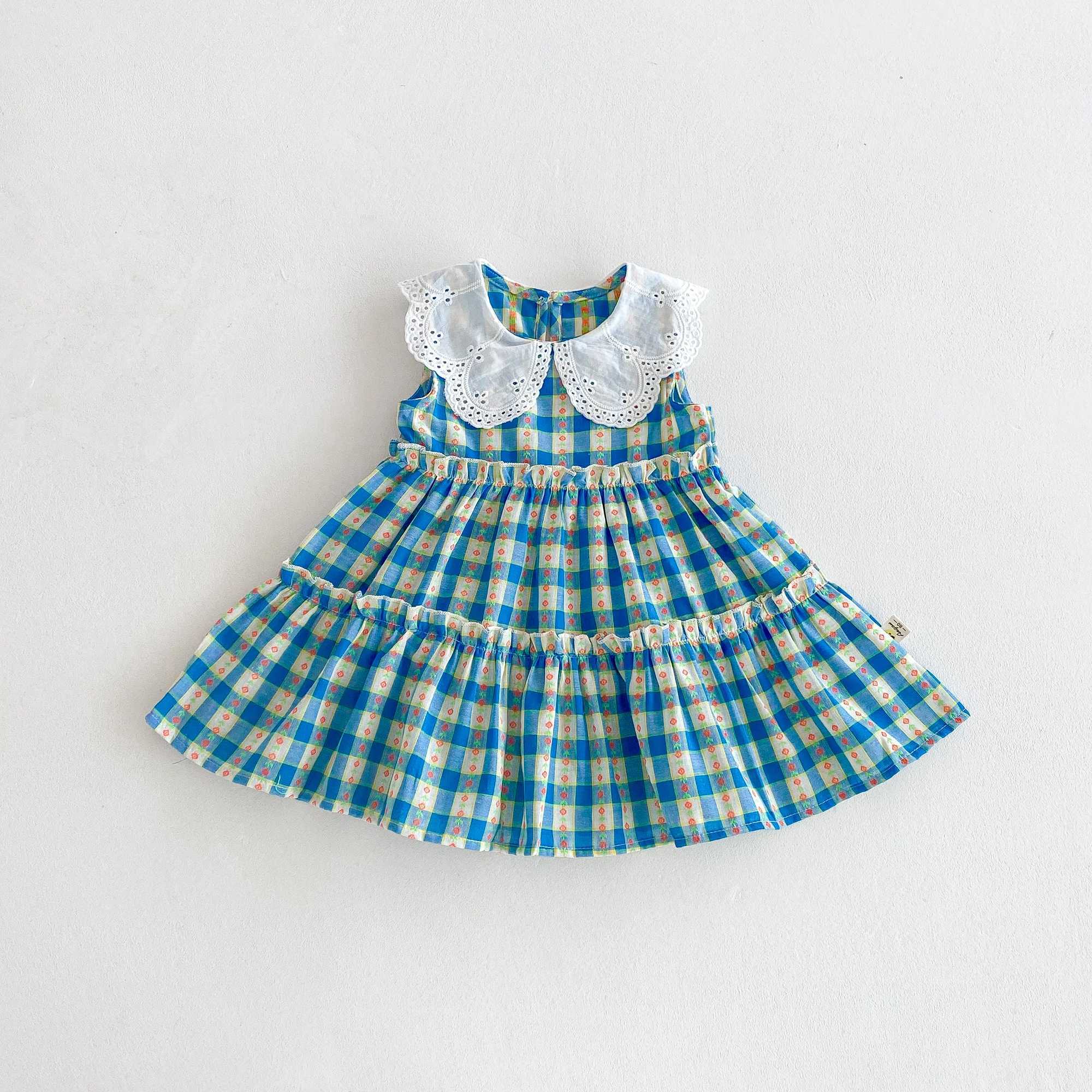 Summer girls dress sleeveless checkered lace lapel dress casual patchwork dress X250528