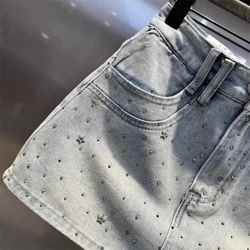 Summer Rhinestone A-line Denim Skirt for Women Star Pattern Zipper Pocket Short Skirts Fashion High-quality Slim Fit Jeans skirtT250528