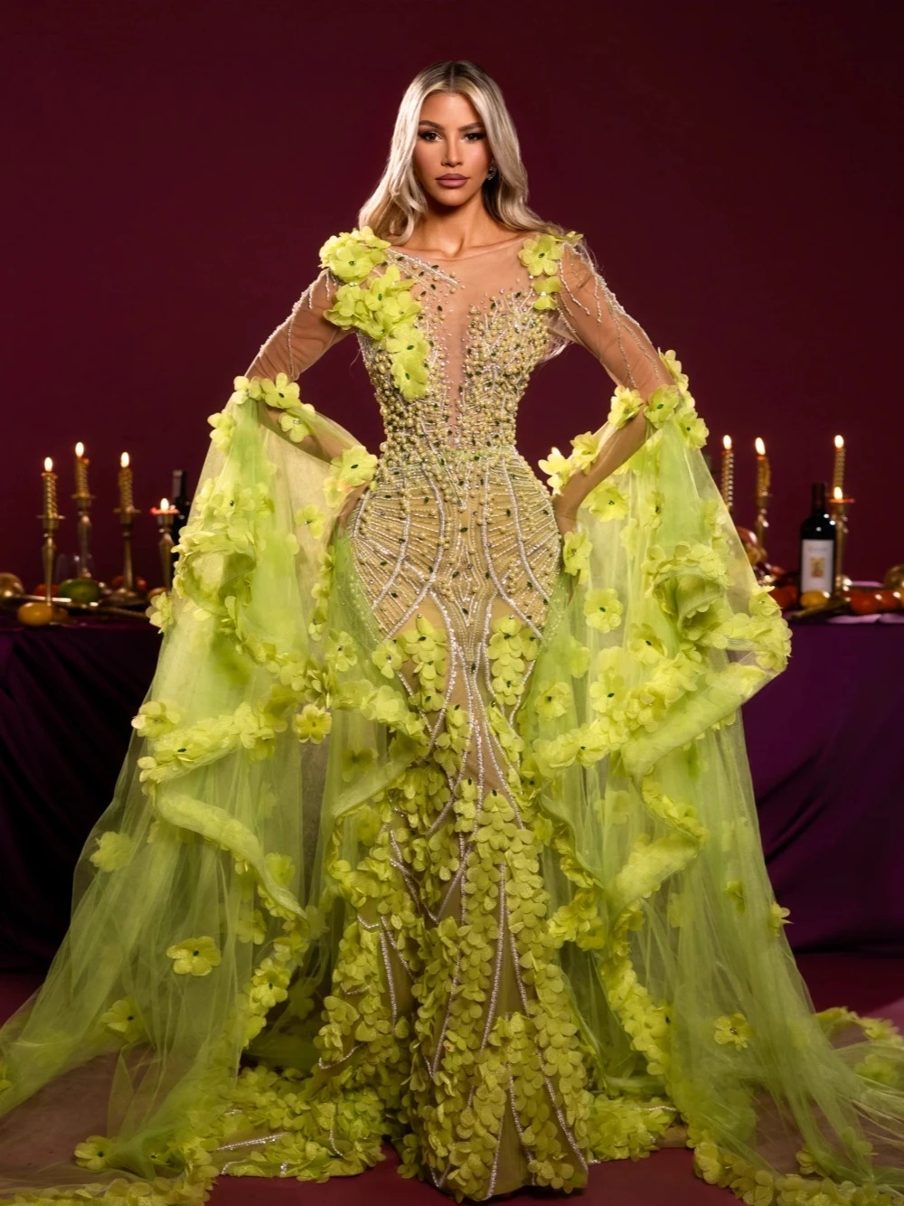 Exquisite Evening Dresses Pearls 3D Flowers Prom Dress O Neck Beading See Through Rhinestone Illusion Mermaid Party Gowns Vestidos De Noche
