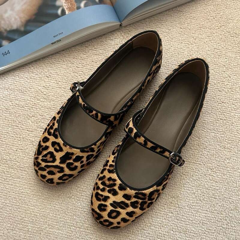 2025 Autumn Winter New Super Soft Sole Leopard Print Mary Jane Shoes Women Ballet Style Flat One-Strap Loafers Moccasins