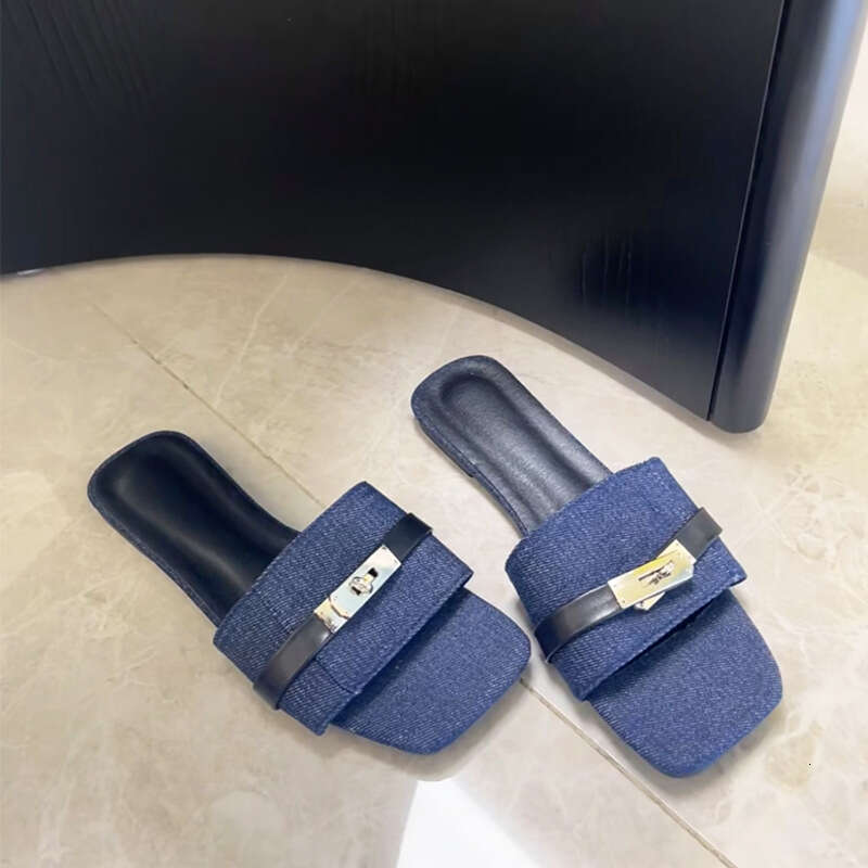 French Style Metal Buckle Flat Sandals for Women Summer Outdoor Square Open Toe Casual Vacation Beach Shoes