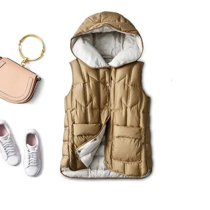 New 90% White Duck Sleeveless Jackets Autumn Winter Female Hooded Ultra Light Down Korean Office Lady vest coat