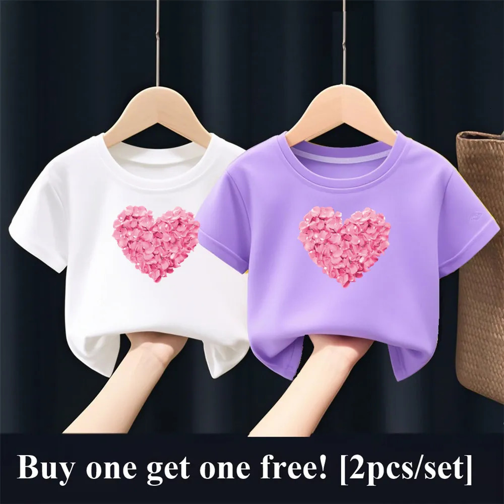 2pcsSet Girls Fashion Summer Friends T Shirt Heart Flower Tees Short Sleeve Sister Matching Outfit Kids Tops 250528