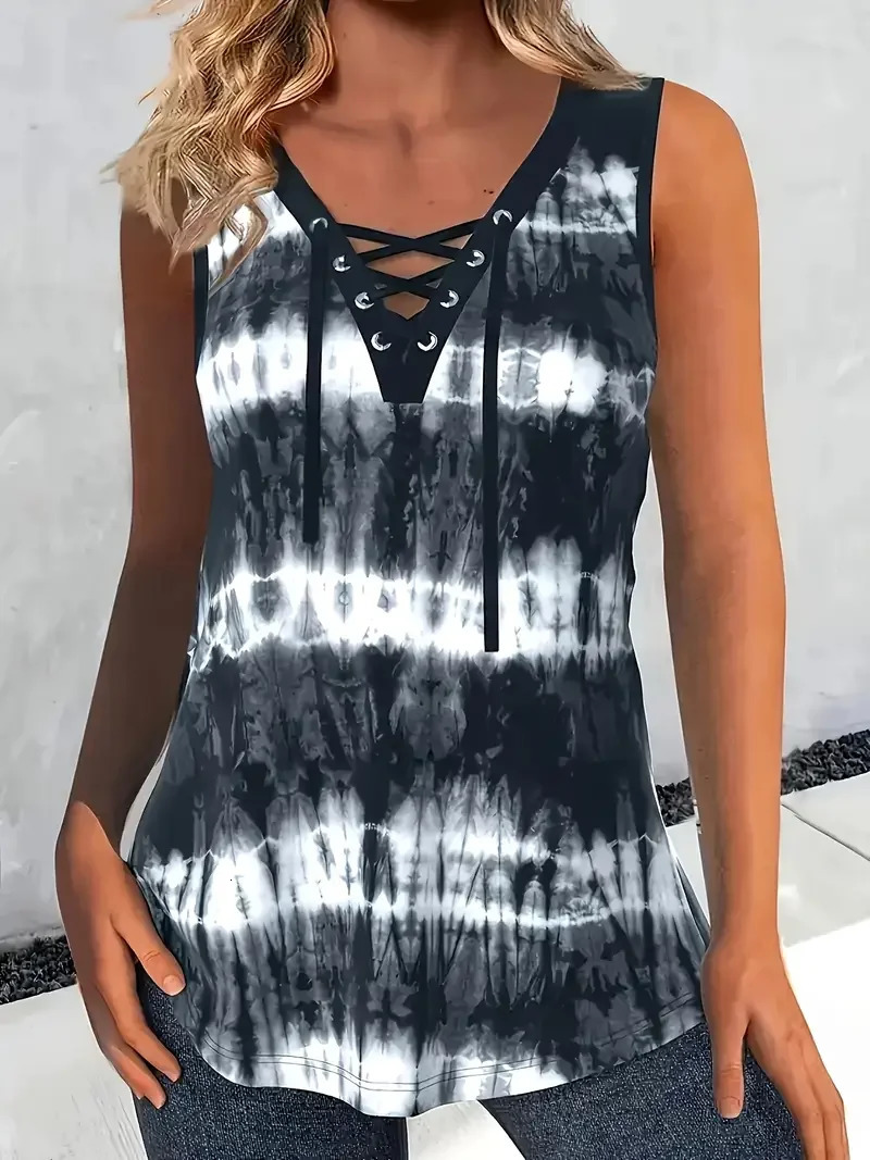 Plus Size Womens Fashion Tie Dye Print Sleeveless Tank Tops Ladies Casual Round Neck with Crisscross Detail Summer 250519