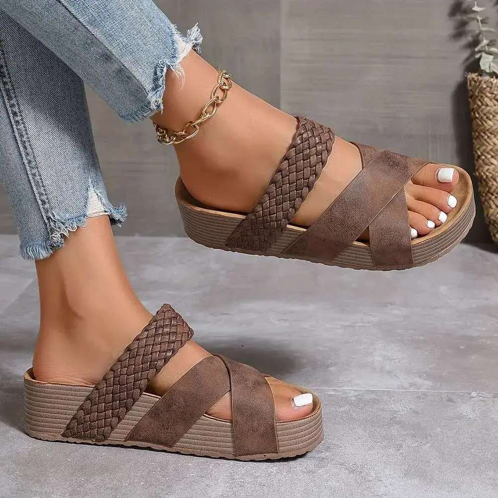 Summer Espadrille Women's Slide Sandals, Crisscross Band Open Toe Casual Outdoor Platform Slides