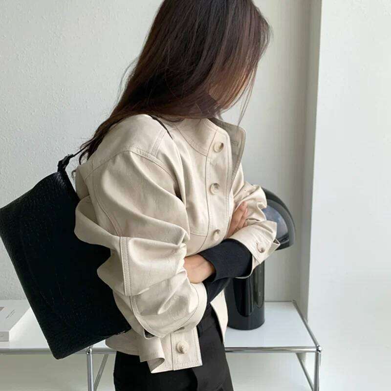Korean Vintage Stand Collar Single Breasted Women Faux Leather Autumn Long Sleeve Casual Abrigo Mujer Short Biker Jacket