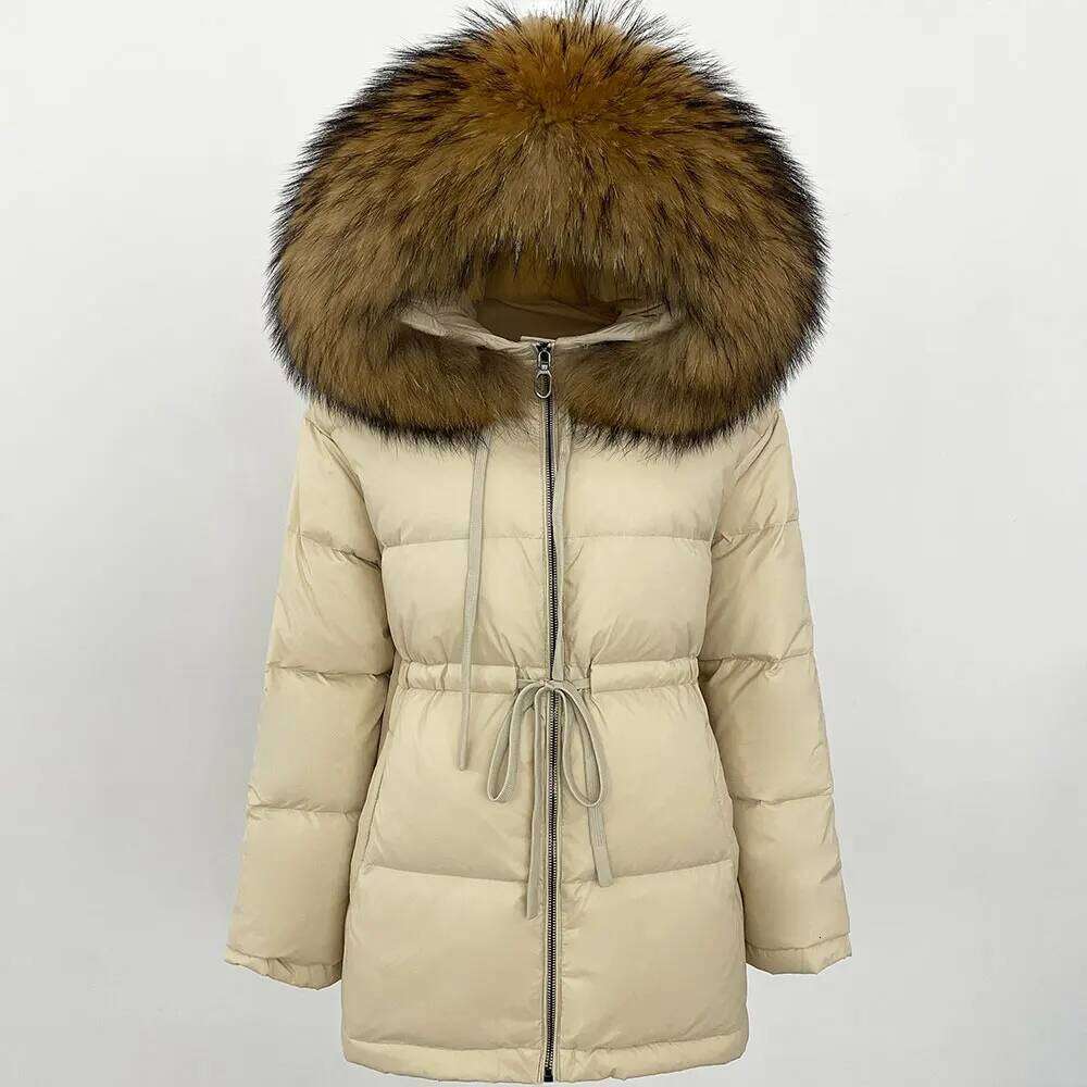 Winter Puffer Jacket Women Large Natural Raccoon Fur Hooded 90% Duck Down Coat Female Warm Sash Tie Parkas Waterproof