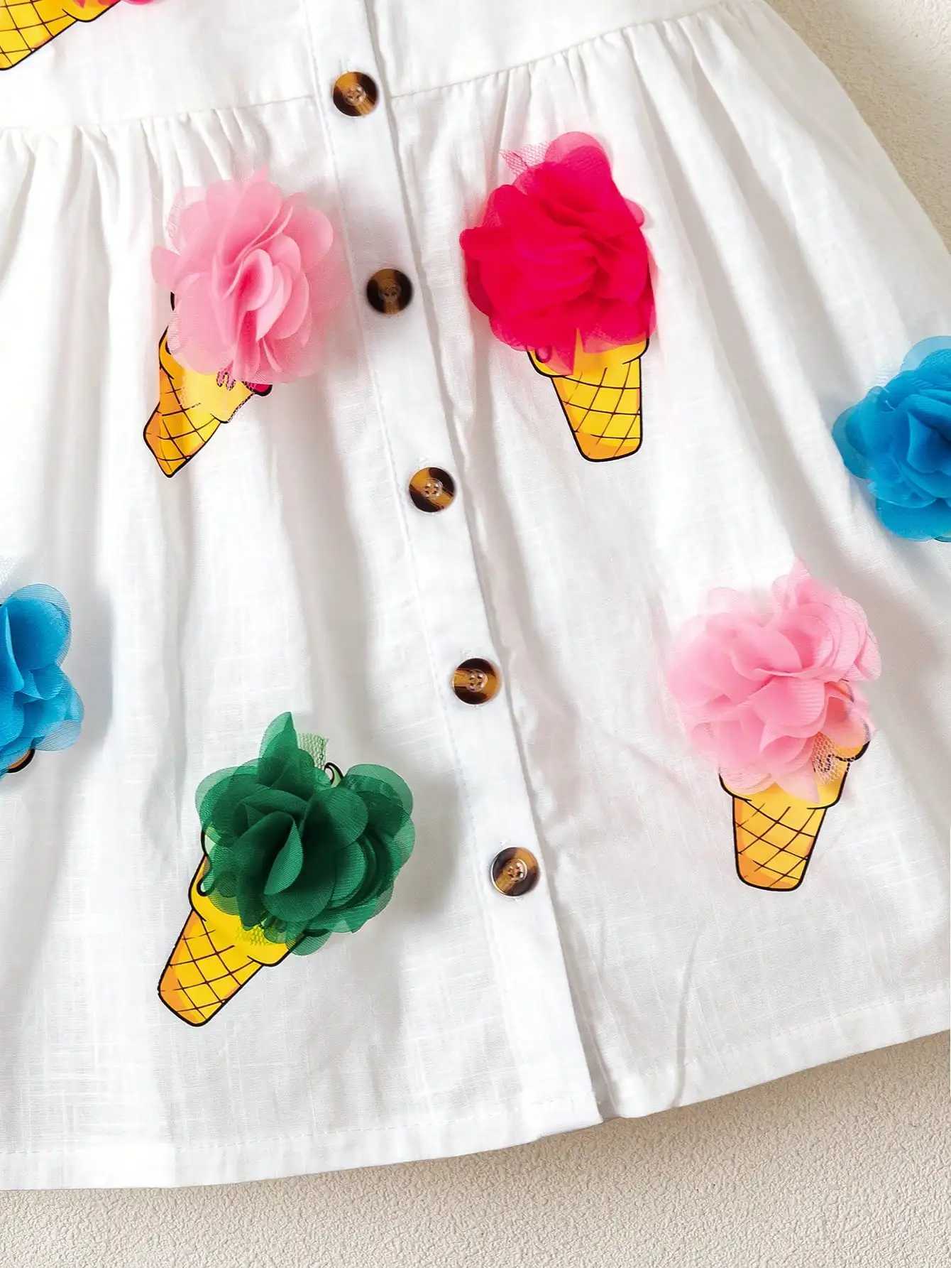 Girls Ice Cream Print Dress - White Woven Sleeveless Summer Gown with 3D Flowers Soft Outfit for Family Daily 4-7Y X250528