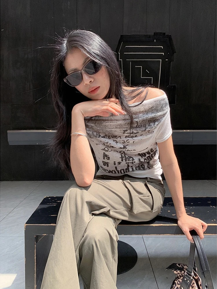 Letter Printing Oblique Shoulder Short Sleeve Tshirt Women Summer American Style Versatile Tops Lady Simple Slim Thin 250517