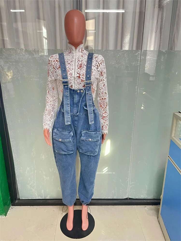 Jumpsuit Women Denim Cargo Pants Wide Leg Pockets Casual Cool Fashion Street Wear Romper Wholesale Dropshipping New Style