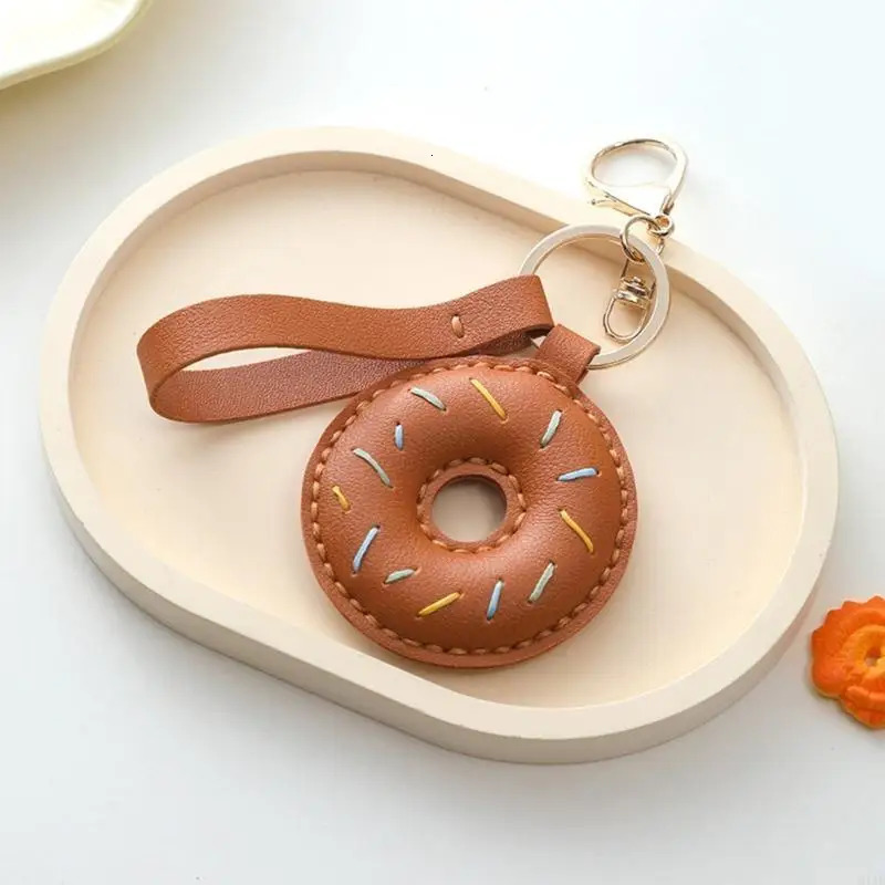 91AF Elegant PU Leather Doughnuts Keyring/Lanyard Decorative Keychain Charm Fashionable Bag Pendant Accessory for Women 250527