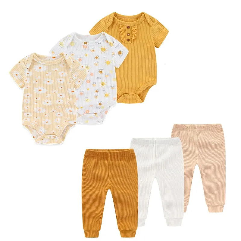 6PCS Cotton born Baby Girl Clothes Solid Color BodysuitsPants Sets Summer Cartoon Boy Print Bebes 250528