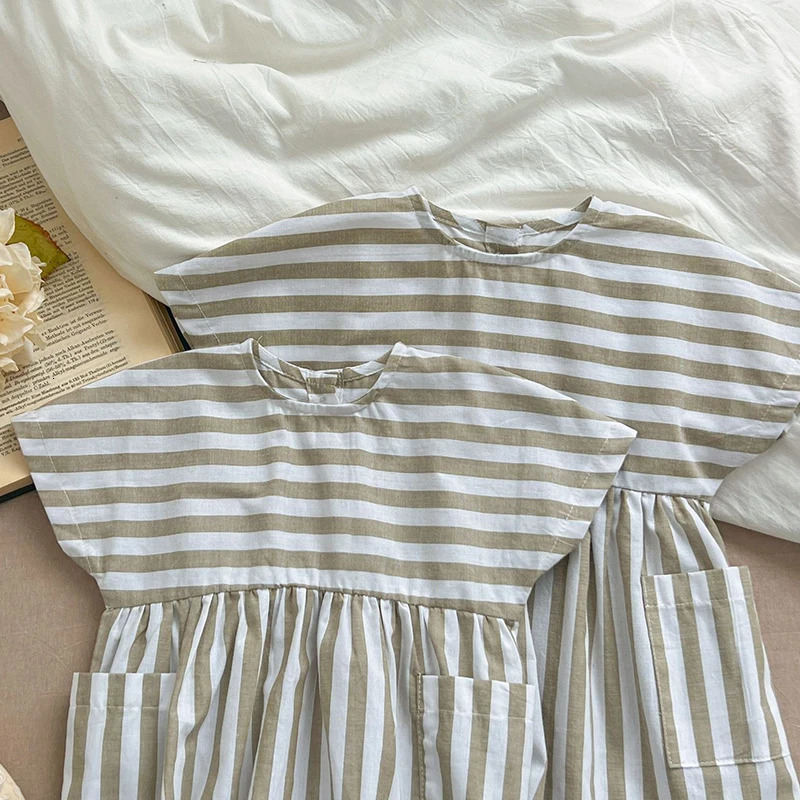 Summer Sister Dress Toddler Vintage Stripe Romper Girls Clothes Ruffles Lace Baby Bodysuit Family Macth Clothing 250528
