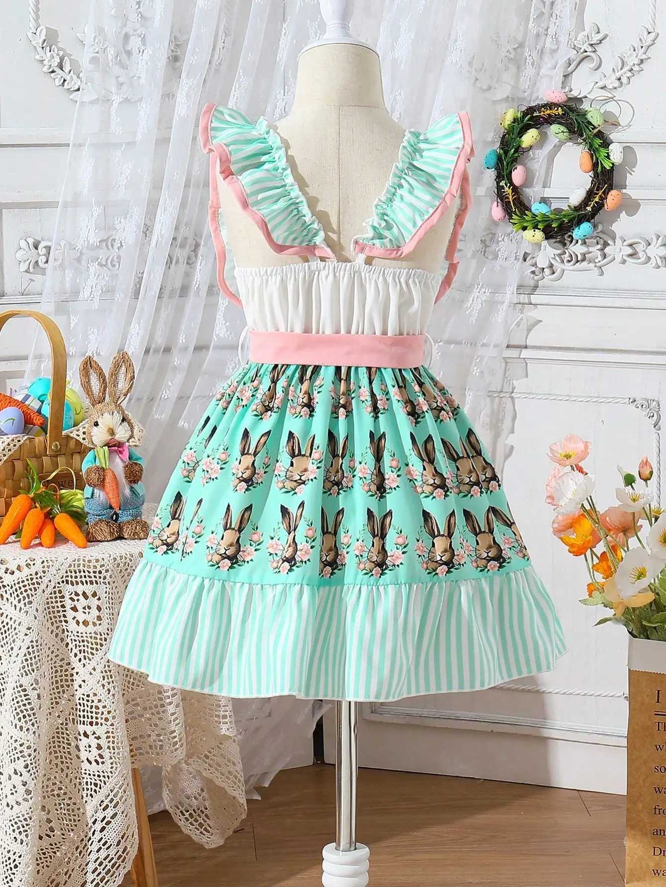 Girls Vintage Lolita Easter Dress - Bunny Print Ruffles Bow Pastel Green Comfy Party Dress for Celebrations X250528