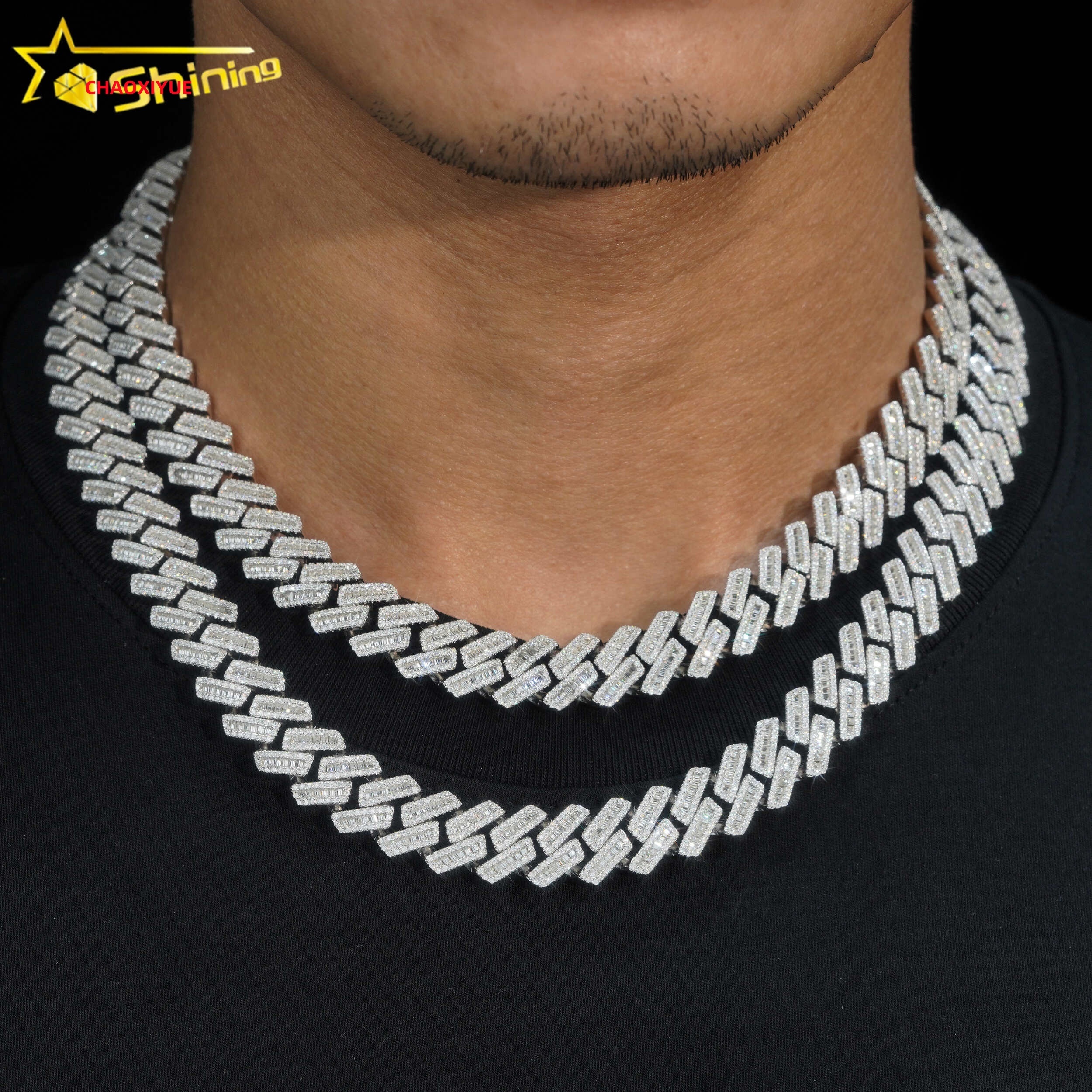 Shinning VVS Diamond Hip Hop Jewelry 925 Silver Gold Plated Baguette 13mm Iced Out Moissanite Cuban Link Chain