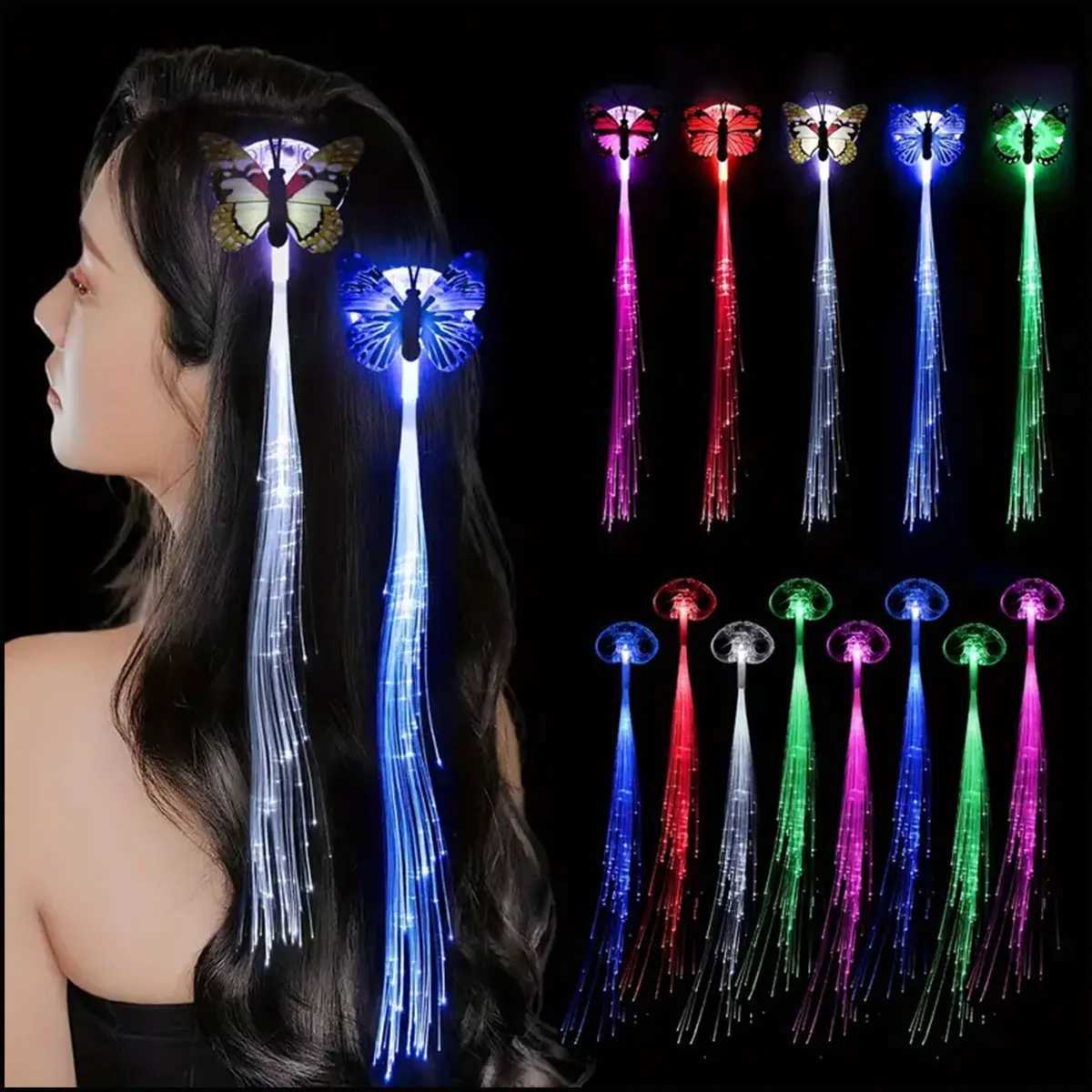 5pcs LED Glow Butterfly Hair Clips LED Light Fiber Optic Hair Braid Barrettes Glow-In-The-Dark Fairy Braids for Parties Events W250528