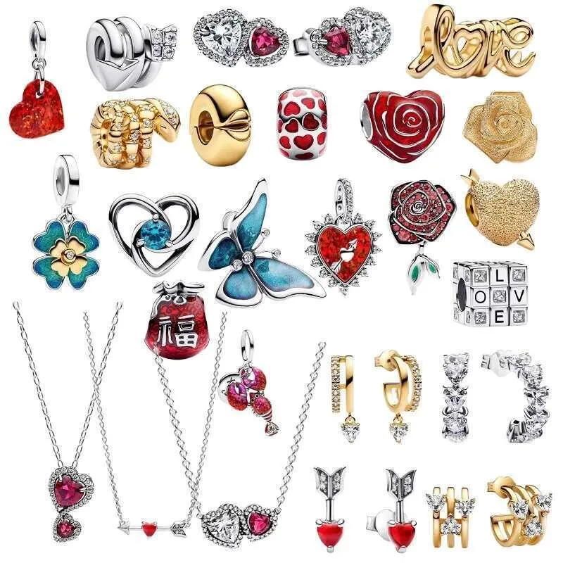 2025 New Charms 925 Sterling Silver Luxury Rose Love Butterfly Pendant Charm Double Love Earring Necklace for Women Jewelry Valentine's Day Gift DIY Jewelry
