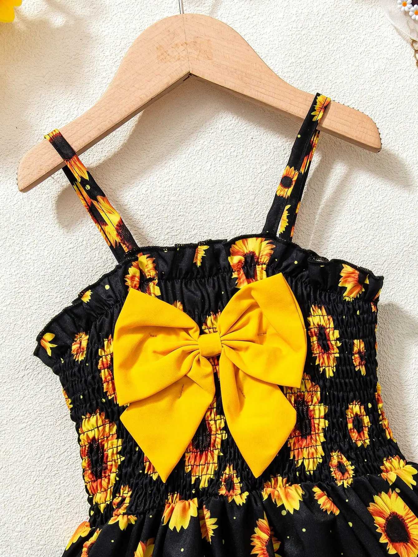 Girls Sunflower Ruffle Dress - Sleeveless Beach Dress with Waist Bow Summer Vacation Outfit for 4-7Y X250528