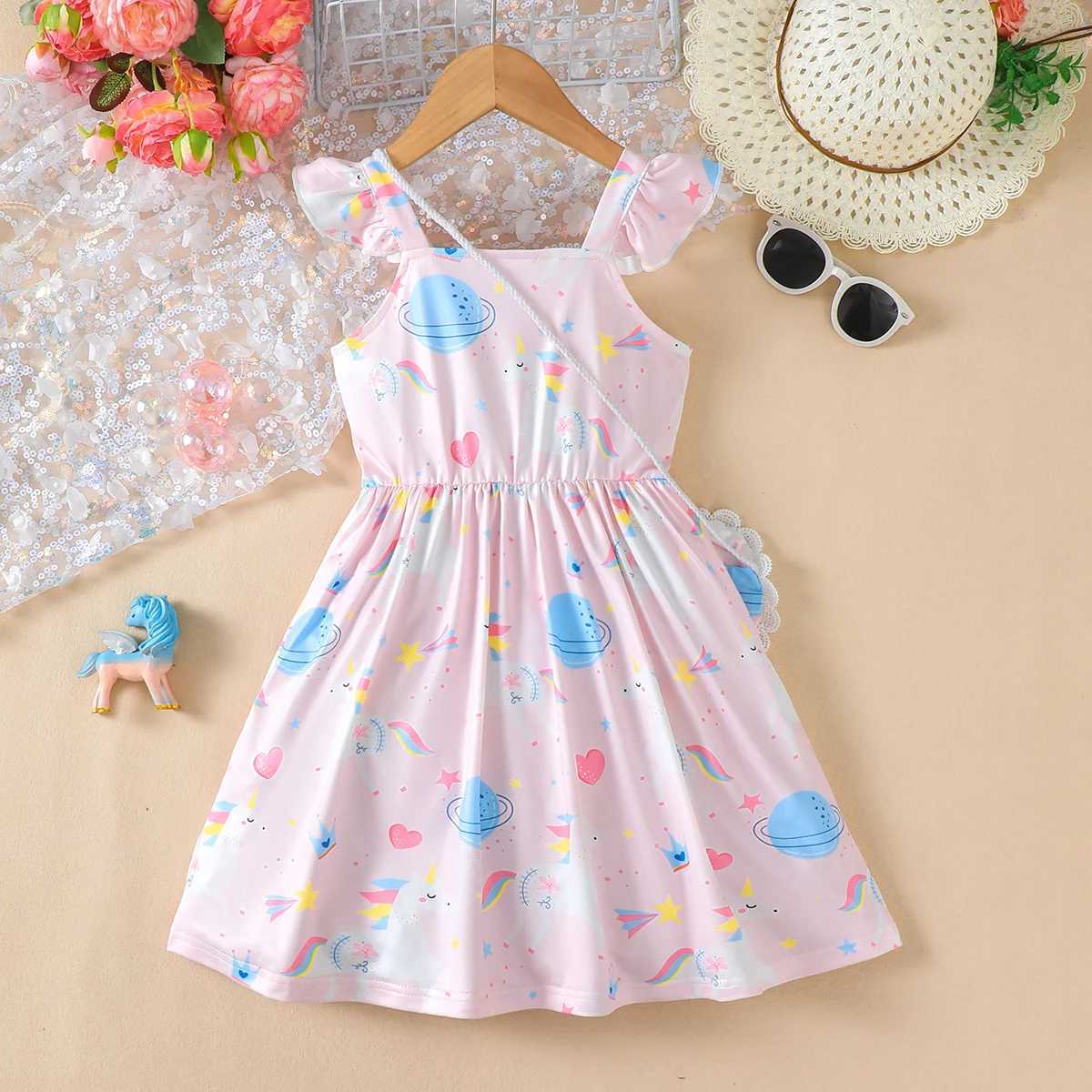 4-7 Year old Girls Summer Camisole Dress with Pink Print Fashion dress+love Bag 2Pcs Little girl Dress X250528