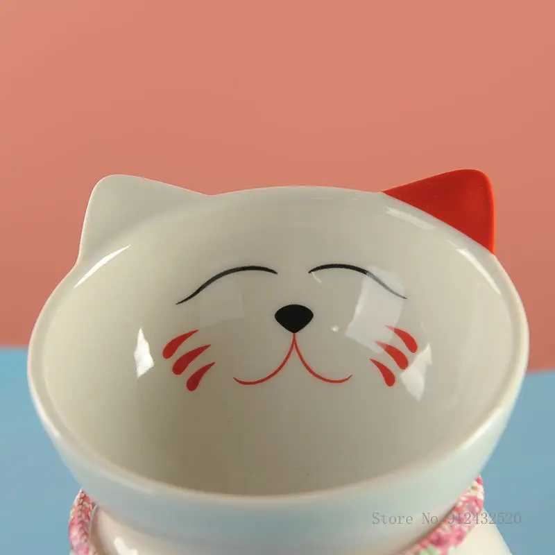 Lucky Cat Ceramic High Foot Anti-tipping Protection Cervical Rice Bowl Dog Drinking Water Food Bowl Supplies Y250528