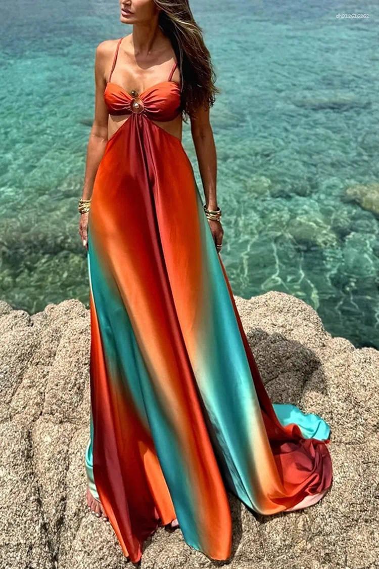 Casual Dresses Sexy Gradient Hollow Out Maxi Dress Women Backless Sleeveless Sling Long 2025 Summer Vacation Boho Beach Satin Robes